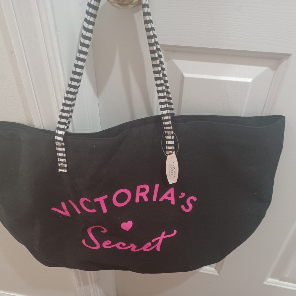 Victoria's Secret Beach Large Tote Weekender Bag Black Hot Pink Letters  NWT
